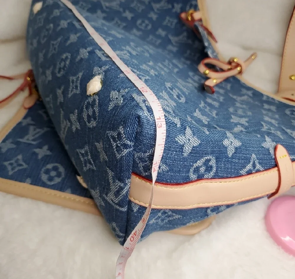 Blue Monogram Denim Shoulder Bag with Beige Trim